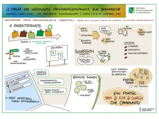 Gezeichnetes Protokoll des Impulsvortrags aus dem Monitoringzentrum: Menschen.Wissen.Daten - für den Erhalt der Biodiversität zusammenbringen