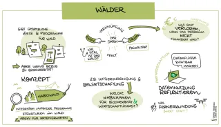 Gezeichnetes Protokoll des Workshops zum Lebensraum Wald