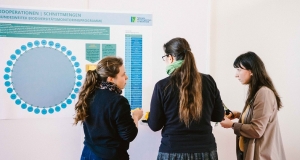 Drei Teilnehmerinnen an der Fachtagung "Ziele des bundesweiten Biodiversitätsmonitorings" stehen vor dem Poster zur Netzwerkanalyse und diskutieren. 
