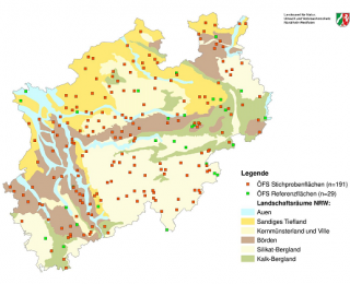 Übersichtskarte der, nach den Landschaftsräumen Nordrhein-Westfalens geschichteten, ÖFS-Untersuchungsflächen.