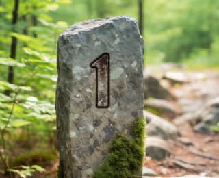 Meilenstein auf einem Wanderweg im Wald