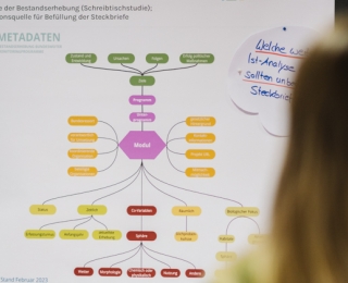 Zwei Personen betrachten ein großes Poster mit einer farbigen Mindmap zum Thema 'Metadaten' im Kontext des Biodiversitätsmonitorings. Die Mindmap zeigt verschiedene Kategorien und Verknüpfungen rund um Module, Programme und Einflussfaktoren. An der Pinnwand ist zudem eine handgeschriebene Notiz befestigt, die eine Frage zur Ist-Analyse von Steckbriefen stellt. Die Szene vermittelt eine Workshop-Atmosphäre mit Fokus auf Strukturierung von Informationen.