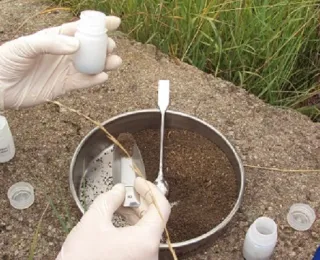 Die Abbildung zeigt den Vorgang der Aliquotierung einer Bodenprobe. Dabei wird eine größere Bodenprobe mit einem Messbecher oder einer Pipette in kleinere, gleich große Portionen aufgeteilt. Dieser Schritt ist wichtig, um die Probe für weitere Analysen vorzubereiten und sicherzustellen, dass die Ergebnisse repräsentativ und vergleichbar sind. Die Darstellung vermittelt den sorgfältigen Umgang mit der Probe und die präzise Vorgehensweise bei der Aufteilung. 